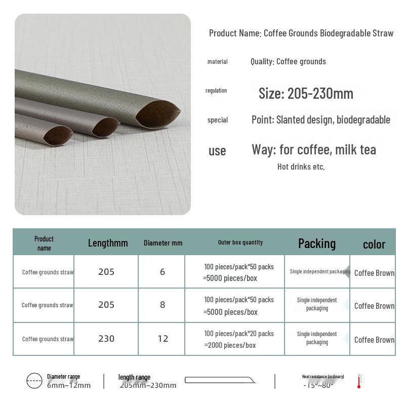 6mm Biodegradable Coffee Grounds PLA Straws - Hot Drink Safe, Food Grade, Individually Wrapped, Disposable