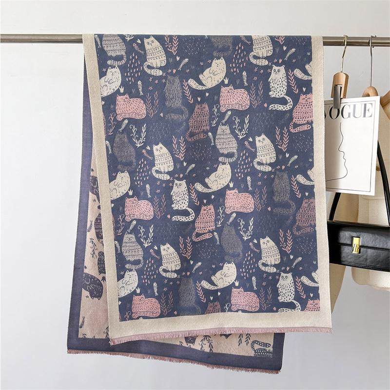 Luxury Cat Print Cashmere Scarf Women's Winter Double-Sided Thick Warm Female Shawl Scarf Pashmina Scarves Hijab Stoles