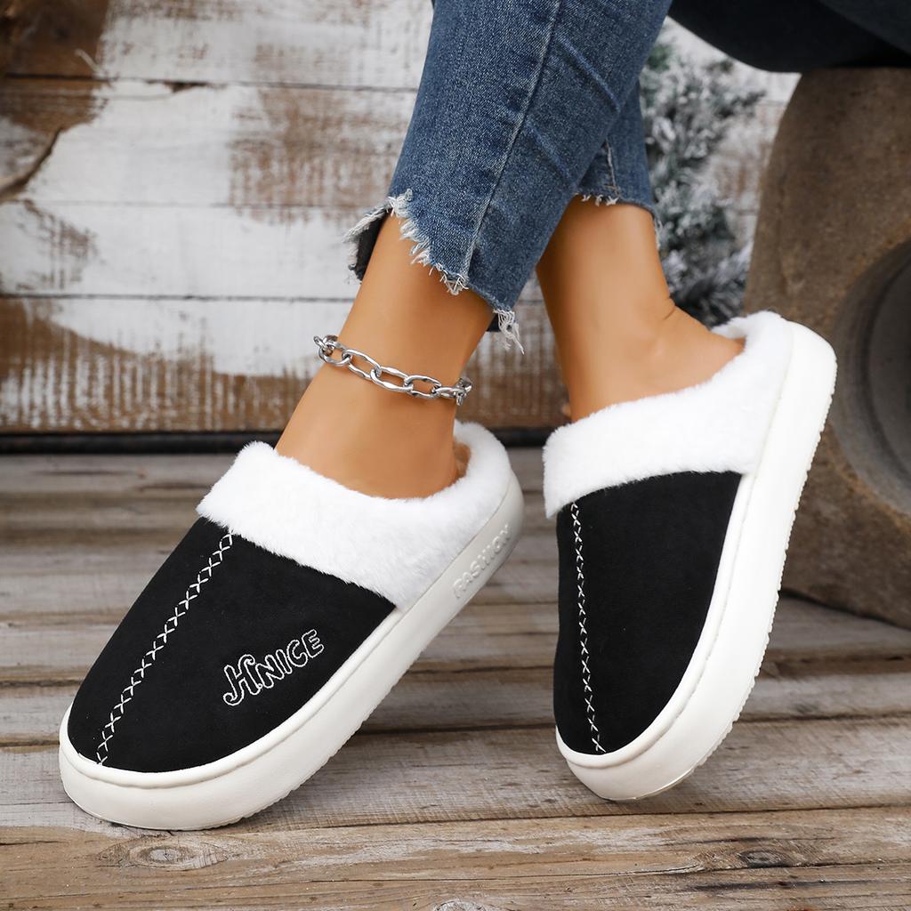Fashion Women Slippers Fashionable Thickened Fluff Lined Slip-On Boots Round Toe Cotton Shoes Winter Leisure Flat Slippers Slides Women