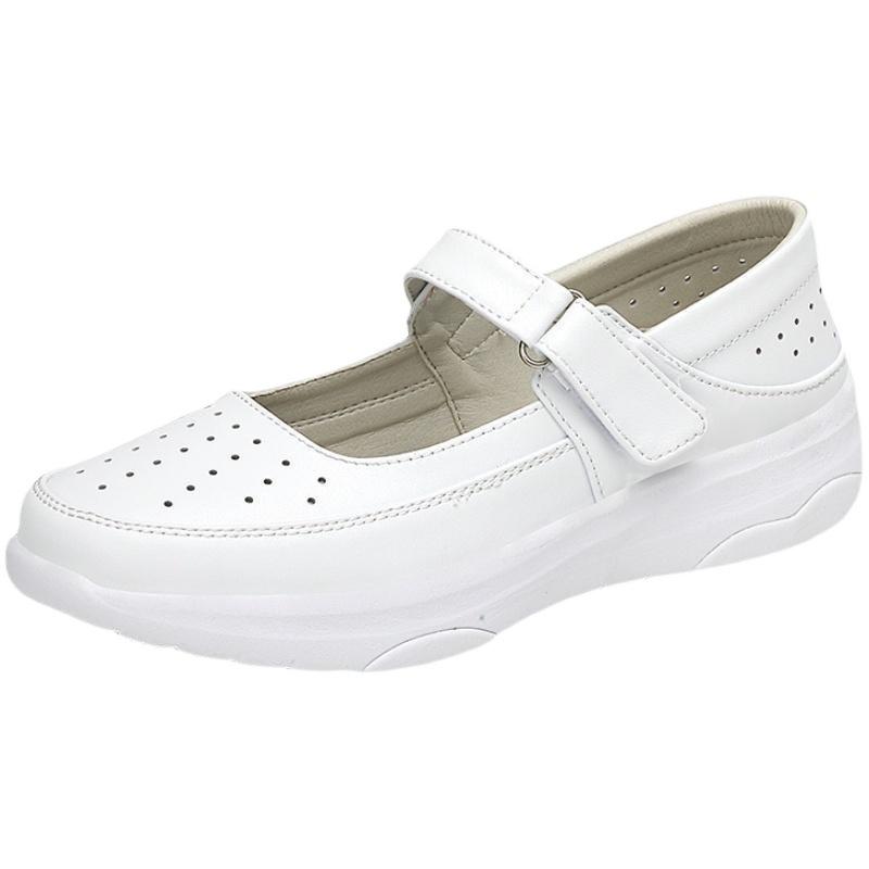 Spring White Cowhide Comfortable Nurse Shoes Women's Soft Sole Non-slip Breathable Not Tired Feet Deodorant Medical Shoes Hollow Shoes
