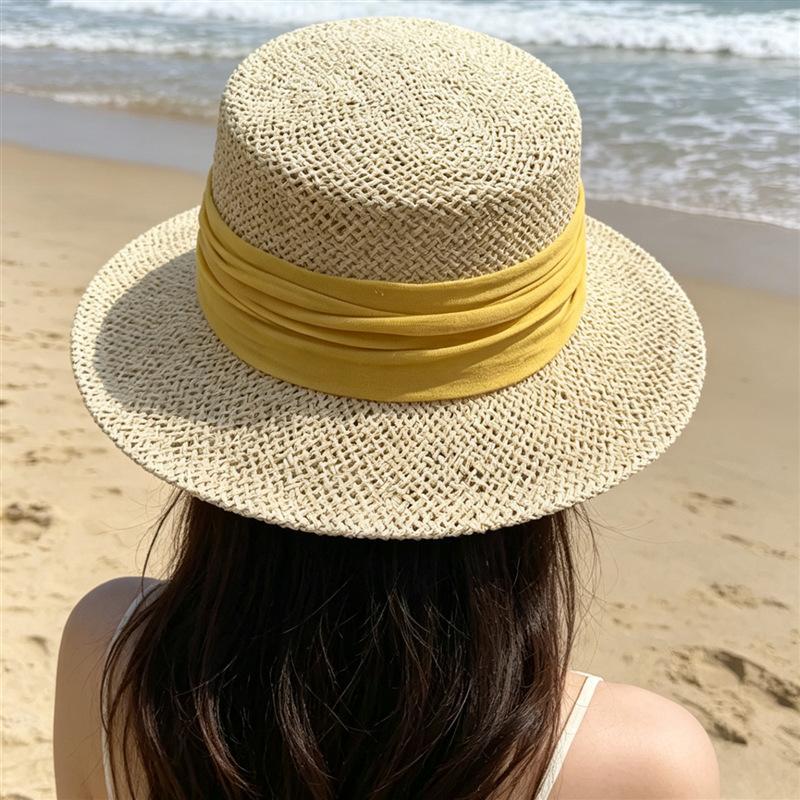 Vintage small brim sunshade straw hat French travel vacation seaside paper straw hat children summer hollow flat top top hat
