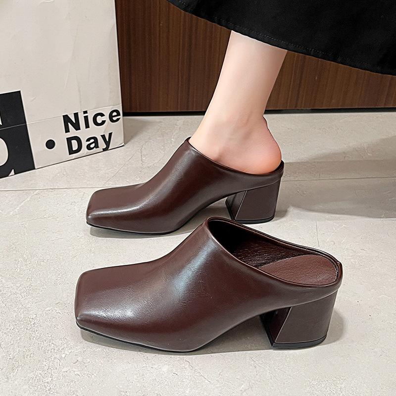 Gao niche 22 temperament simple and fashionable thick heel square head retro elegant high heel slippers beautiful