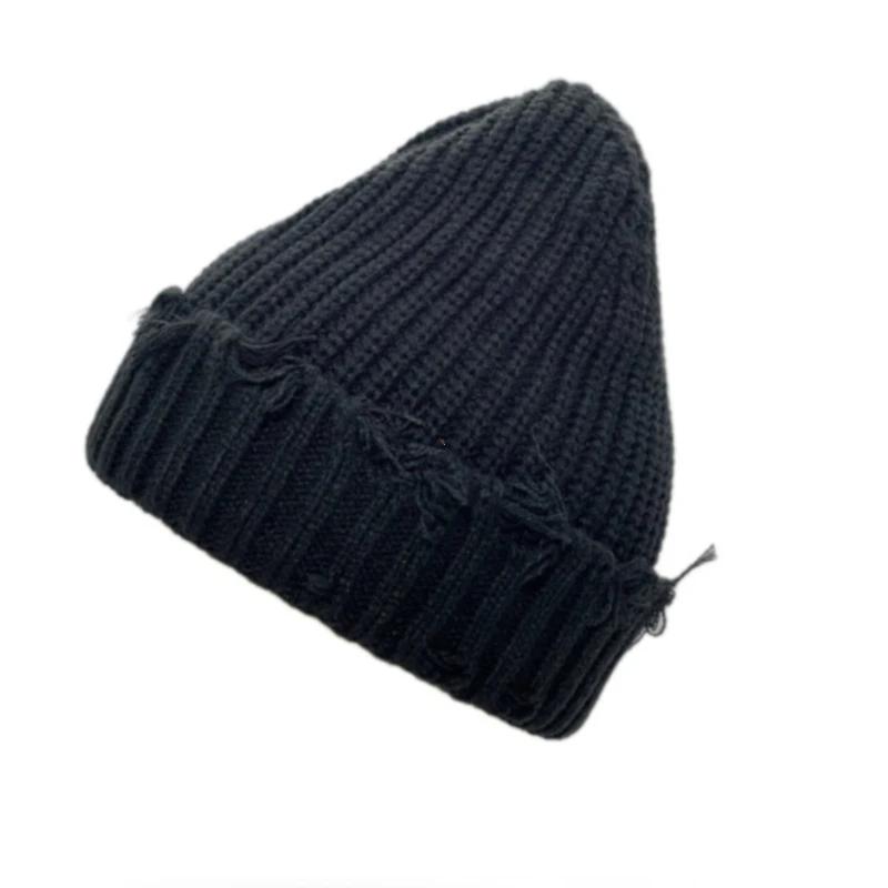 2025 New Fall and Winter Hip Hop Trend Broken Brim Knitted Hat Woman Man Green Grey Black White Hole Cap Warm Hat Bonnets Fall