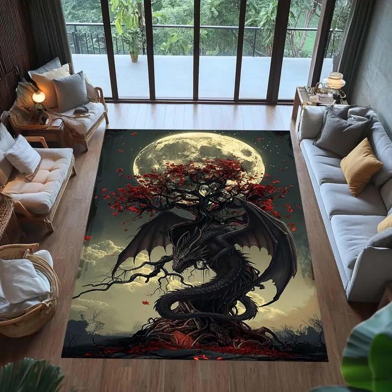 

Vintage Folk Art Dragon Rug Living Room Bedroom Mythical Aesthetic Floor Mat Creature Decor Carpet Coffee Table Floor Mat 40cm x 60cm