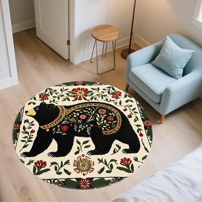 Flower Border Animals,Round Area Rug,Carpet Rug for Living Room Bedroom Sofa Playroom Decor,Non-slip Floor Mat