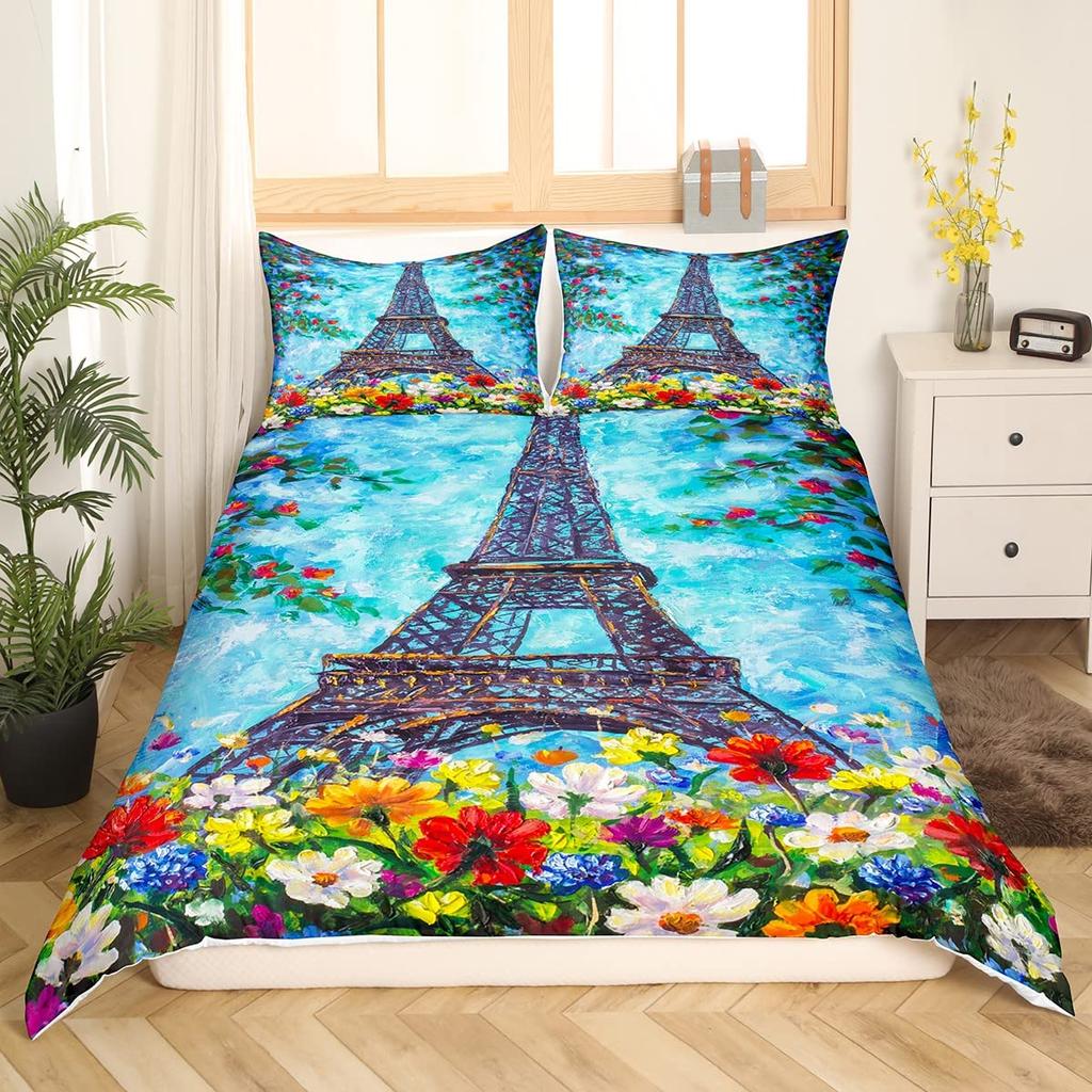 Eiffel Tower Duvet Cover Set King Size Paris Tower Bedding Set For Boy Girl Polyester Paris Cityscape Wooden Texture Quilt Cover