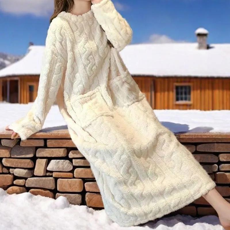Winter Langarm Doppel Tasche Flanell Nachthemden Frauen Lose Feste Nachtwäsche Jacquard Nacht Kleid Verdickt Warme Nachthemd