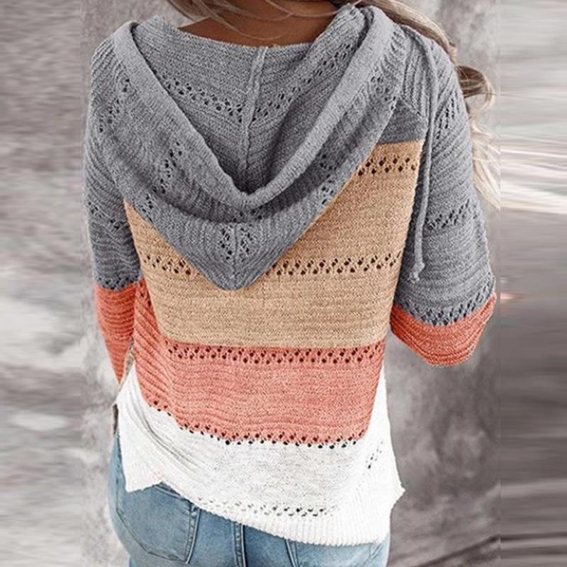 Women's Casual Striped V-Neck Hollow Long Sleeve Zipper Hooded Sweater Clothes Sale
