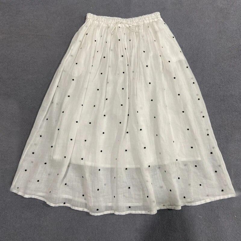 Johnature Summer Wave Point Women All Match Elastic Waist Skirts Casual Solid Color Loose Female Skirts