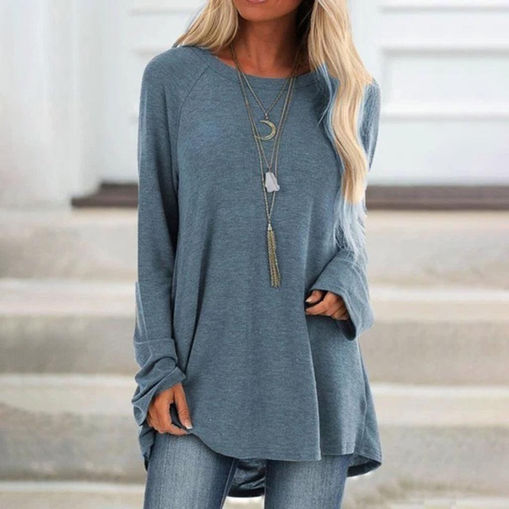 Yousheng Women Tops Round Neck Long Sleeve Loose Fit Solid Color Tunic Top Casual Shirt with Hip Coverage Length