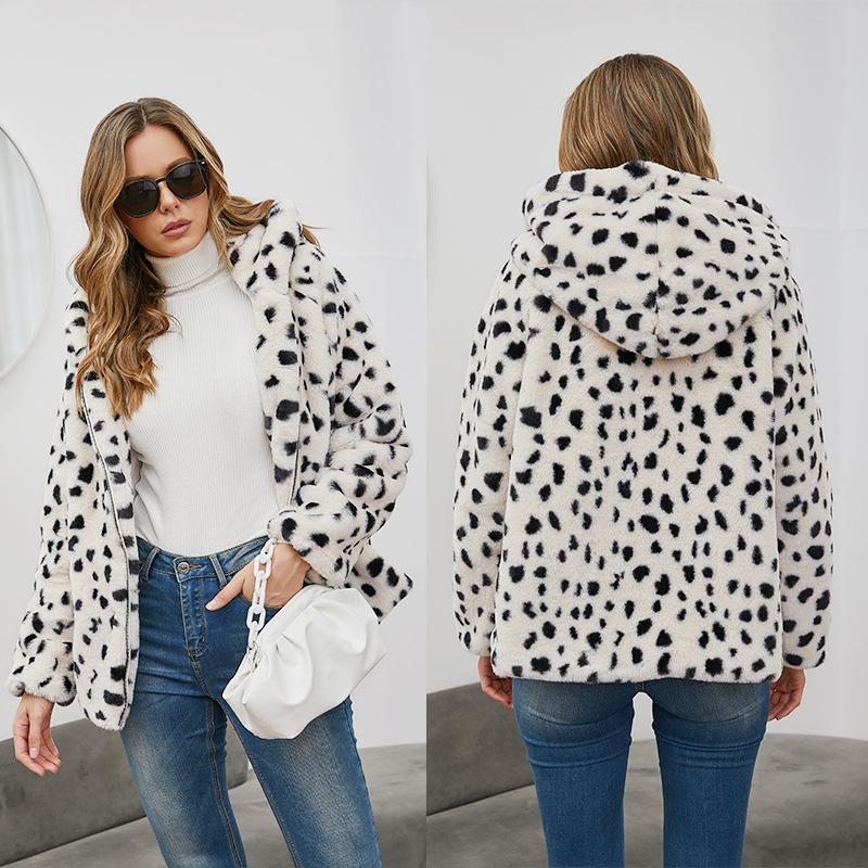 New autumn and winter fashion leopard print imitation fur coat loose hooded lamb wool imitation fur coat