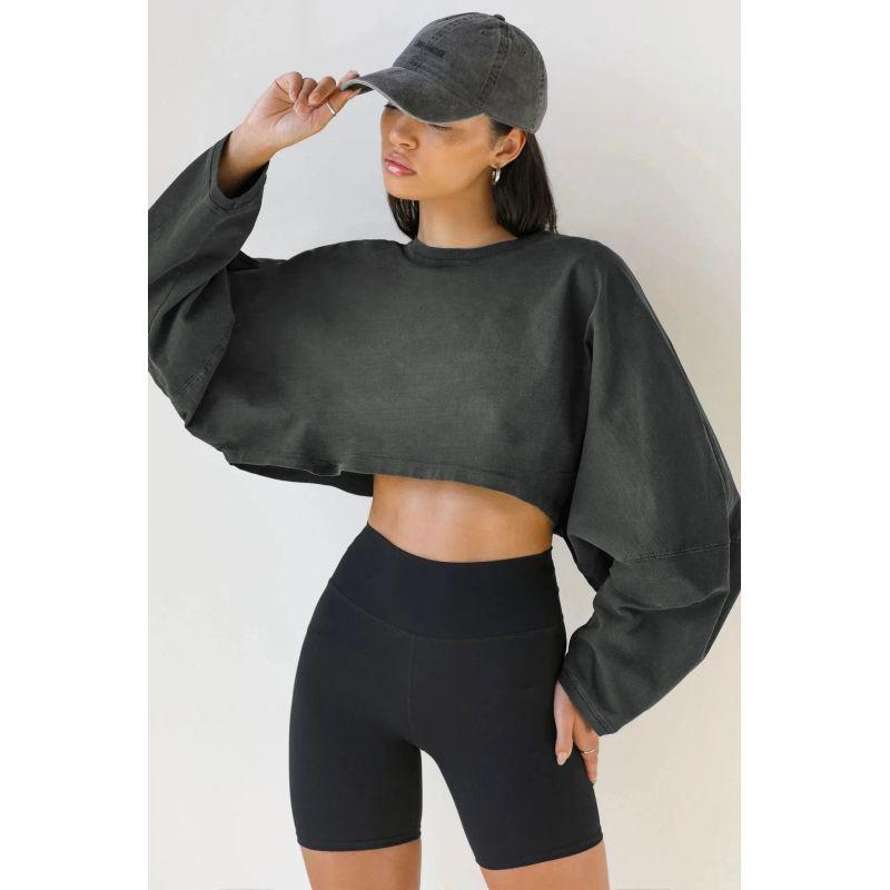 2025 Cross-Border Navel round Neck Hoodie European and American Women clothes Short Sports Bottoming Shirt T-shirt Knit Long sleeve Top