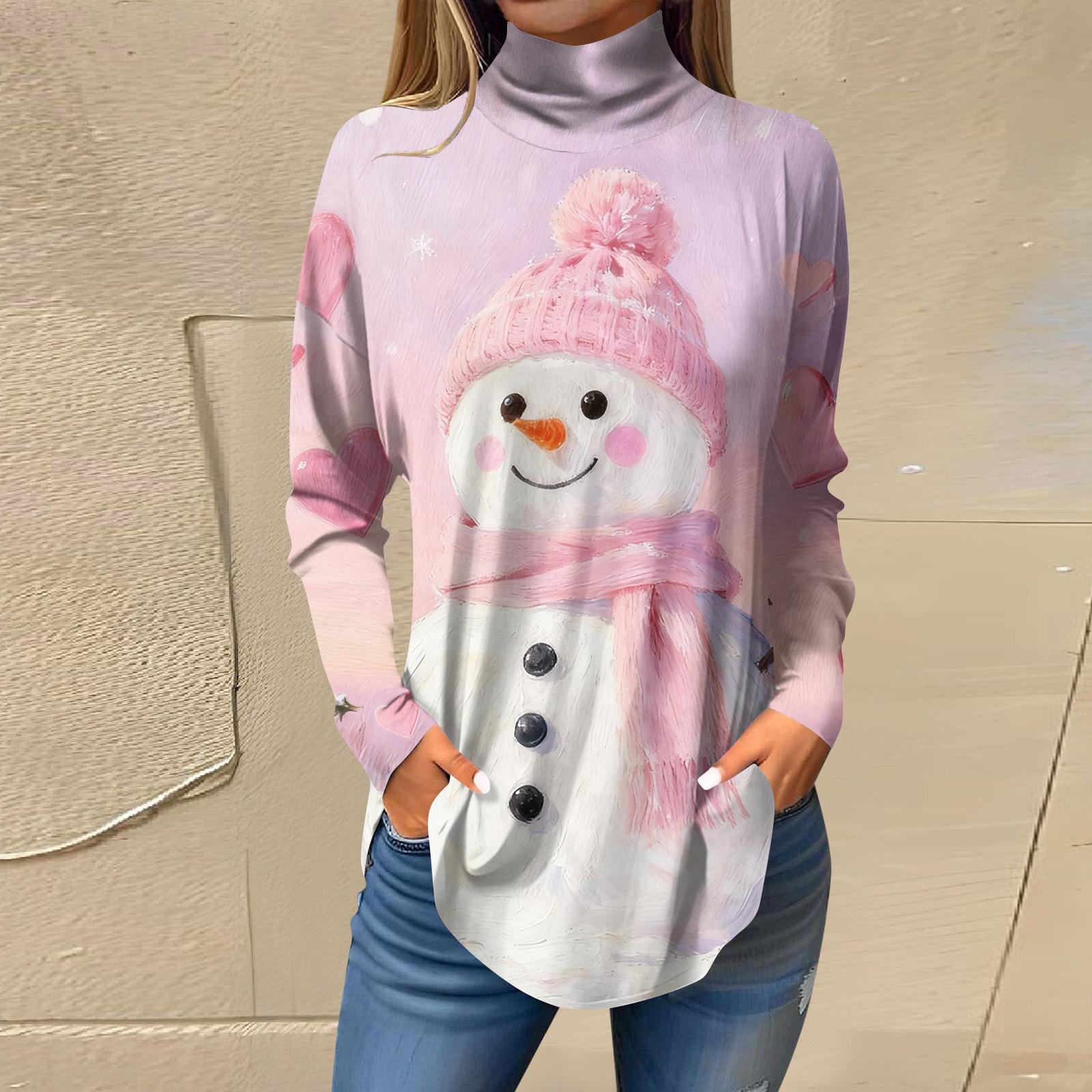 

Футболки для женщин, осенние повседневные рубашки с длинными рукавами, толстовка с винтажным принтом, топ с высоким воротом, пуловер L розовый