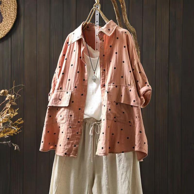 2025 Women's Cotton Linen Polka Dot Shirt - Short Sleeve, Loose Fit, Plus Size, Artistic Casual Summer Jacket