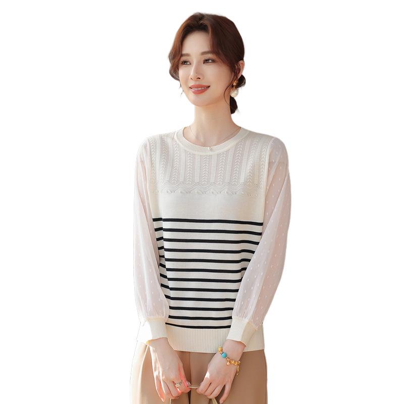 Elegant Gauze Sleeve Striped Knit Sweater for Middle-Aged Women - Slimming Spring Top for Moms