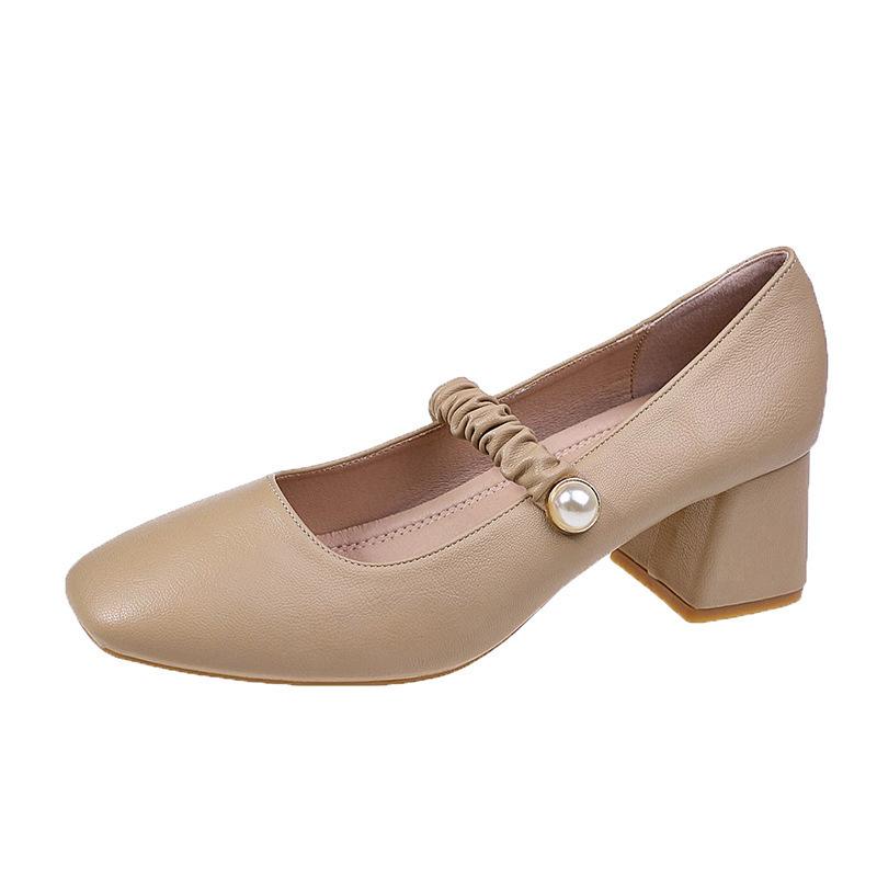 

Trendy brand thick heel single shoes women s summer new Korean version Ma square head evening shoes gentle wind middle heel Lizhen shoes women 35 абрикосовый
