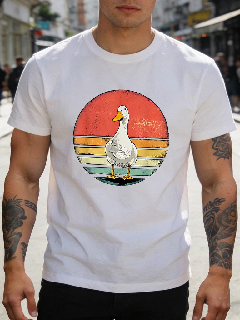 Vintage Retro Sunset White Duck Graphic Unisexs Short Sleeve T Shirt Farm Animal Crew Neck Soft Cotton Casual Outdoor Top For Unisex
