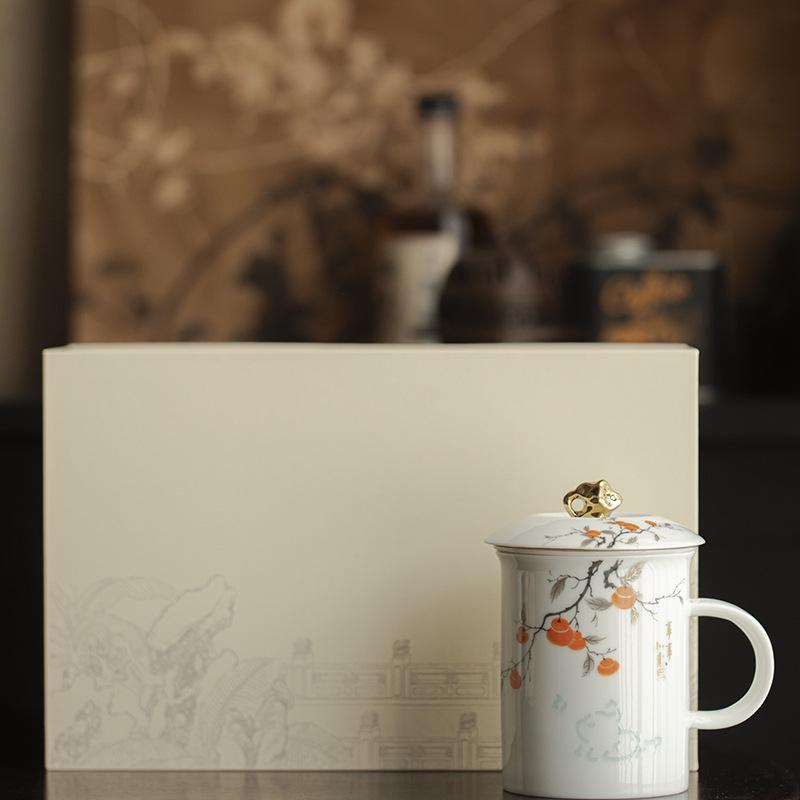 Exquisite Mutton Fat Jade Office Tea Cup Set with Lid & Filter