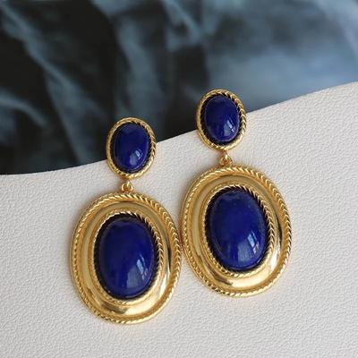 Nouvelles boucles d'oreilles ovales creuses incrustées de lapis-lazuli, style punk exagéré, artisanat rétro en or antique, bijoux pour femmes