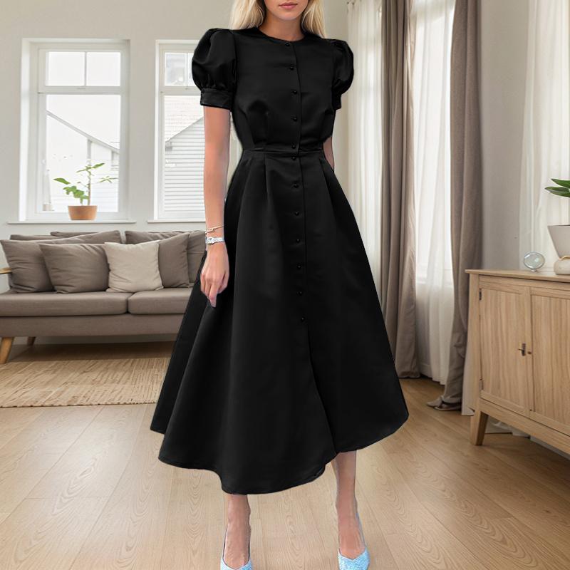 ZANZEA Elegantes Damen Freizeit Rundhals Puff Kurzarm Langes Kleid