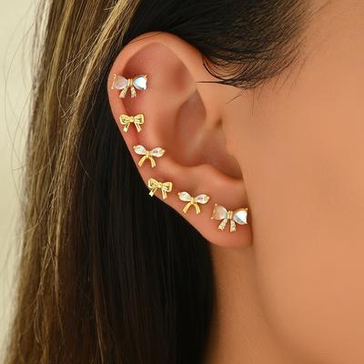 2025 New Japanese and Korean Style Women's Earrings Set Niche Bow Inlaid with Gemstone Design Stud Earrings Female Versatile