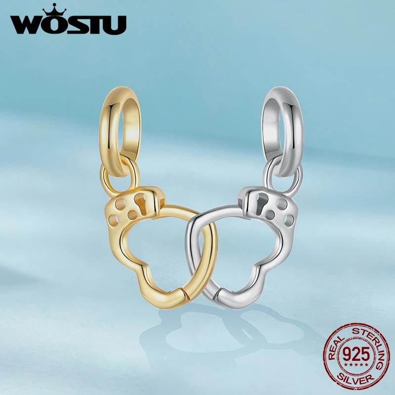 WOSTU 925 Silver Creative Hot Dog Dachshund Charm Tow tone Pet Claw print Beads Heart Handcuff Pendant Fit DIY Bracelet Necklace