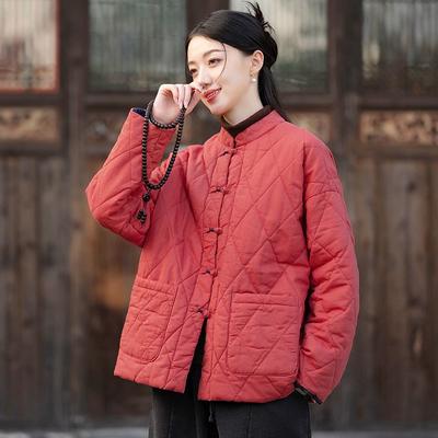 Damen Chinesischer Stil Stehkragen Langarm Mäntel Winter Patchwork Taschen Mäntel
