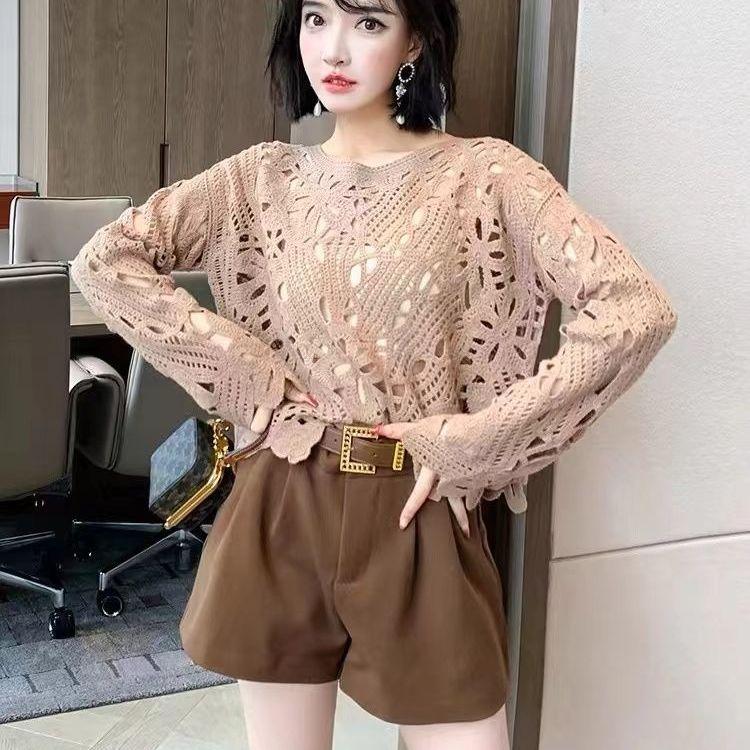 

Ажурный вязаный крючком лоскутный вышитый свитер для женщин круглый вырез вязаный кружевной вышитый свитер свободный внешний слой для осени и зимы L