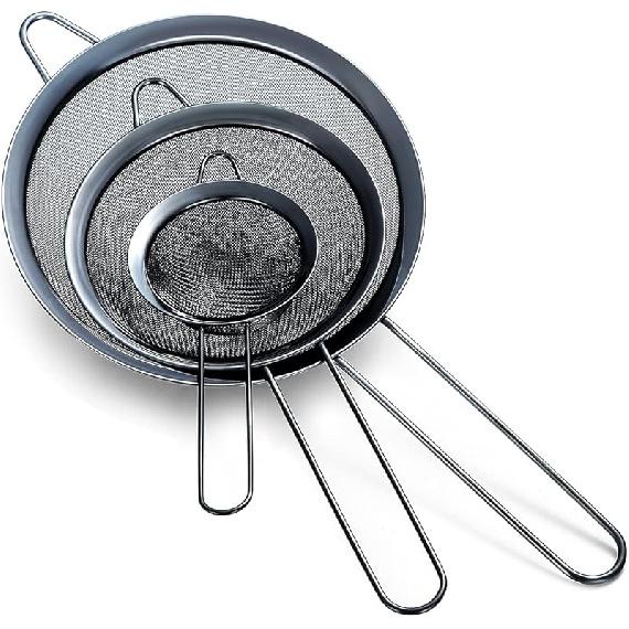 Gold Fine Mesh Strainer 3 Pieces Set, Golden Flour Sifter For Baking, Stainless Steel Clander, Gold Matcha Tea Strainer, Gravy Separator, Stasher