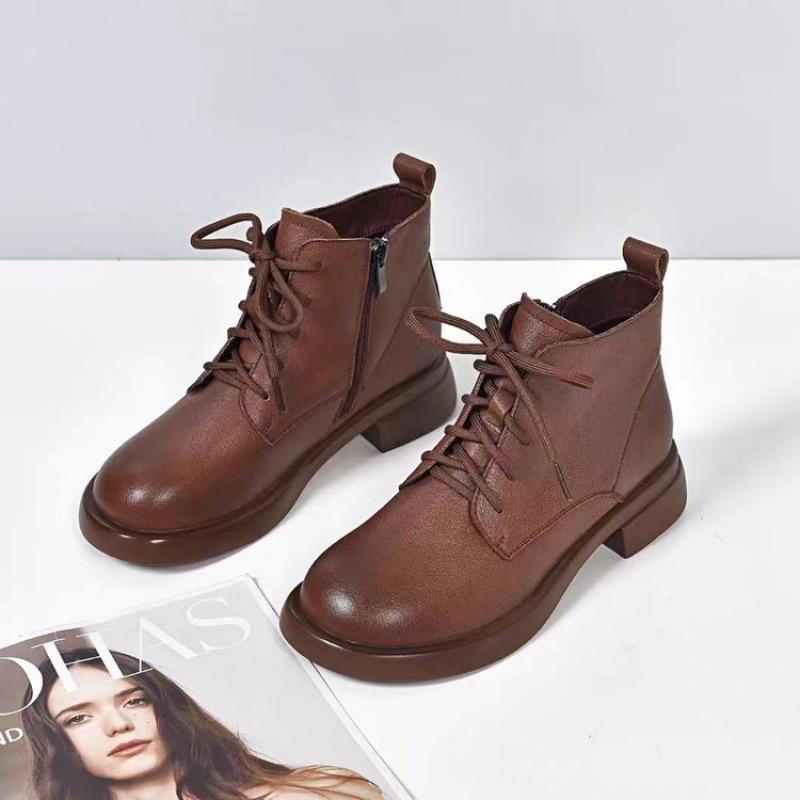 Women's Leather Chelsea Boots,Flat Sole Ankle Martin Boots with Fleece Lining for Winter,British Casual Shoes