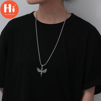 Hi Kpop Retro Harajuku Hip Hop Angel Wings Pendant Stainless Steel Men E-girl Necklace Disco Couple Gothic Colar Necklace Jewelry