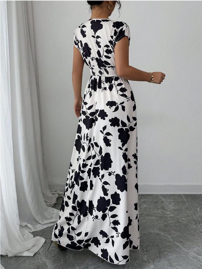 Floral Print V Neck Long Dress With Belt For Summer Casual Womens Wear