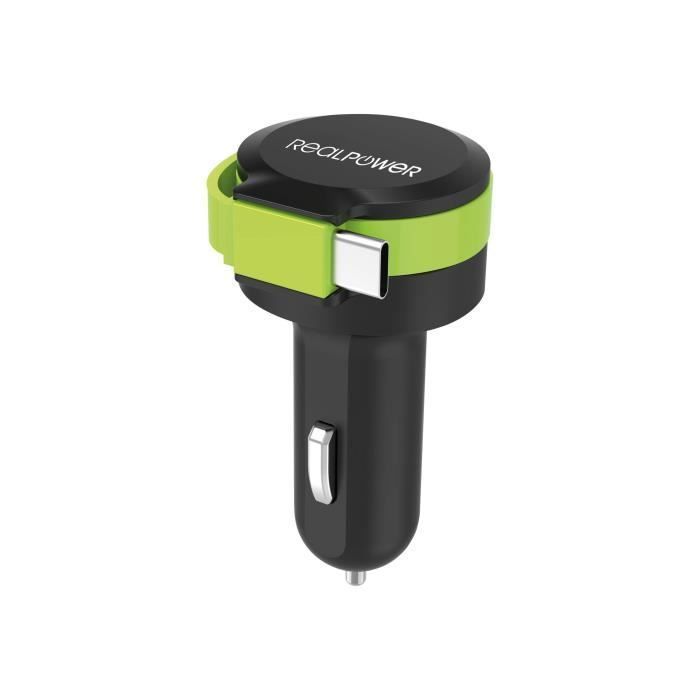 Realpower Adaptateur d'alimentation pour voiture 4.8 A 2 connecteurs de sortie (USB, USB-C)