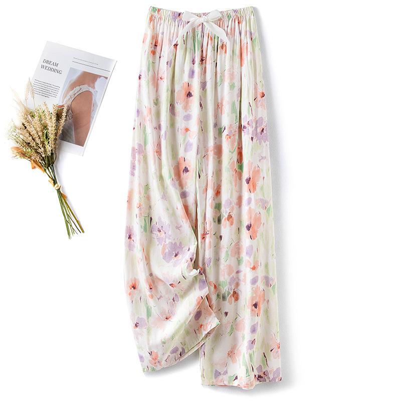 Pantaloni de pijama din bumbac mătase pentru femei, secțiune subțire de vară, anti-țânțari, pantaloni cu picior lat, culoare uni, pentru exterior, casă, petrecere a timpului liber, imprimeu, pantaloni de plajă până la genunchi