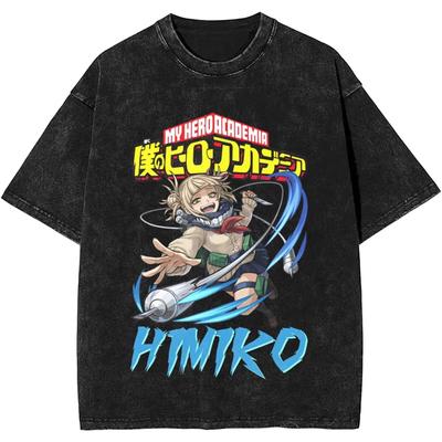 Japan Anime My Hero Academia Himiko Toga Manga Graphic Print T-shirt Men Women Vintage Washed O-neck Cotton Loose Casual Oversized Top Summer New Tee