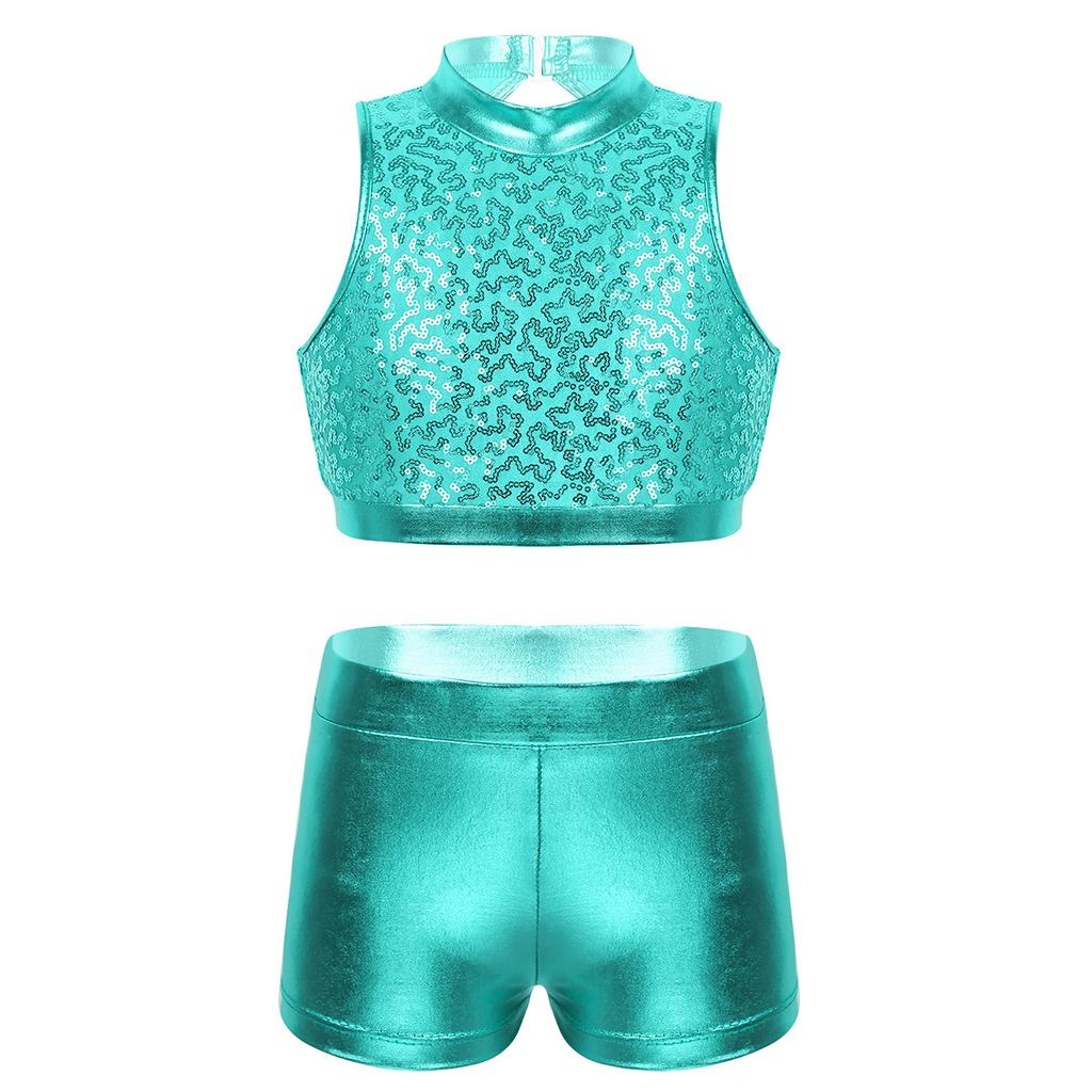 Kids Girls Two-Piece Dance Set Sequined Sleeveless Crop Top Metallic Bottoms Performance Outfit