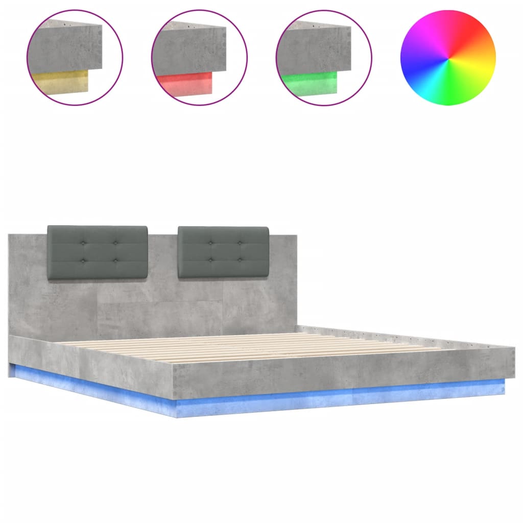 Bed Frame with Headboard and LED Lights Concrete Grey 200x200 cm