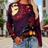 Autumn and Winter Ladies Halloween 3D Printed Crew Neck Long Sleeve T-Shirt