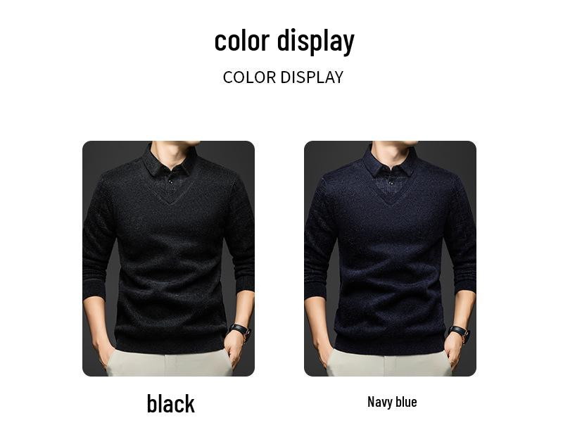 Men's Winter Knitwear Sweater: Thickened, Faux Two-Piece Design, Velvet-Lined, Long Sleeve with Shirt Collar.