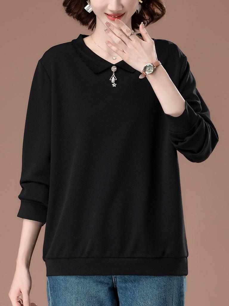 Plus Size Women's Autumn Long Sleeve Versatile Loose Turn-Down Collar T-shirt for Middle-Aged Moms