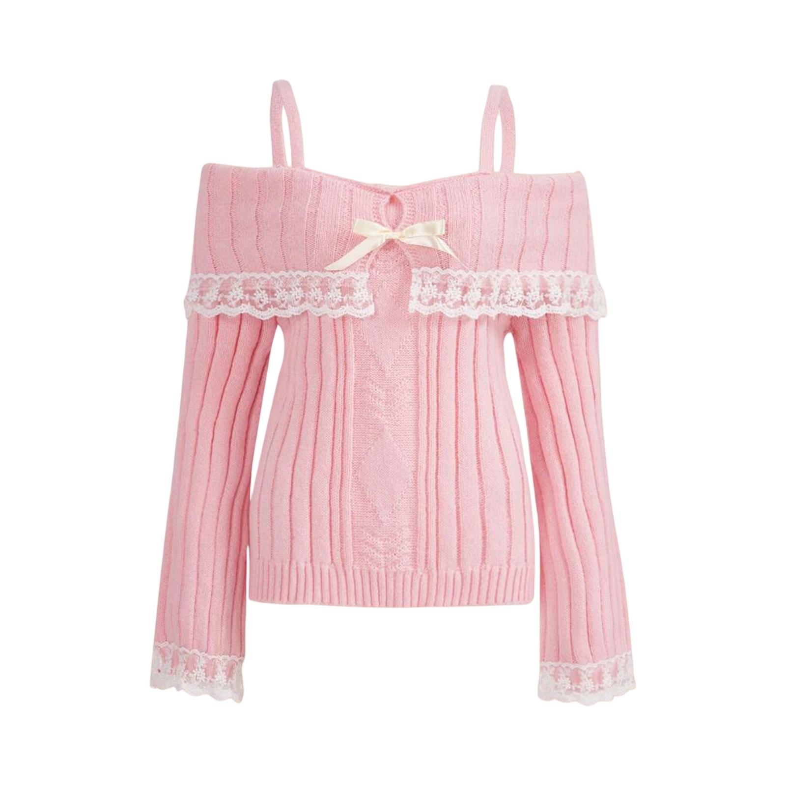 Женский вязаный топ-свитер с одним плечом, на бретелях, цветной, с кружевом розовый