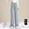 Women's Mid Rise Fleece Lined Wide Leg Jeans Loose Fit Sweet Casual Denim Trousers
