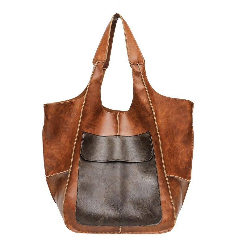 

Retro Soft Leather Tote Bag Casual Patchwork Large Capacity Handbags Versatile Color Blocked Splicing Women s Underarm Bag кофейный