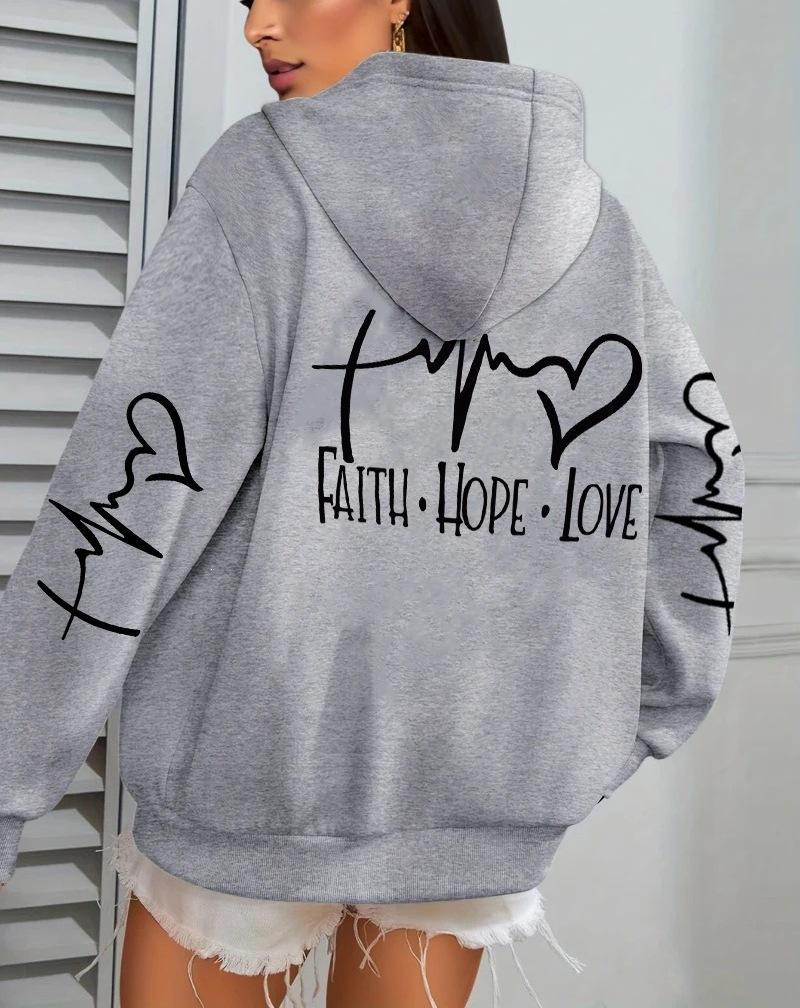 Faith Hope Love Letter Pattern, Printed Women'S Hoodie Autumn Loose Casual Pocket Fleece Pullover
