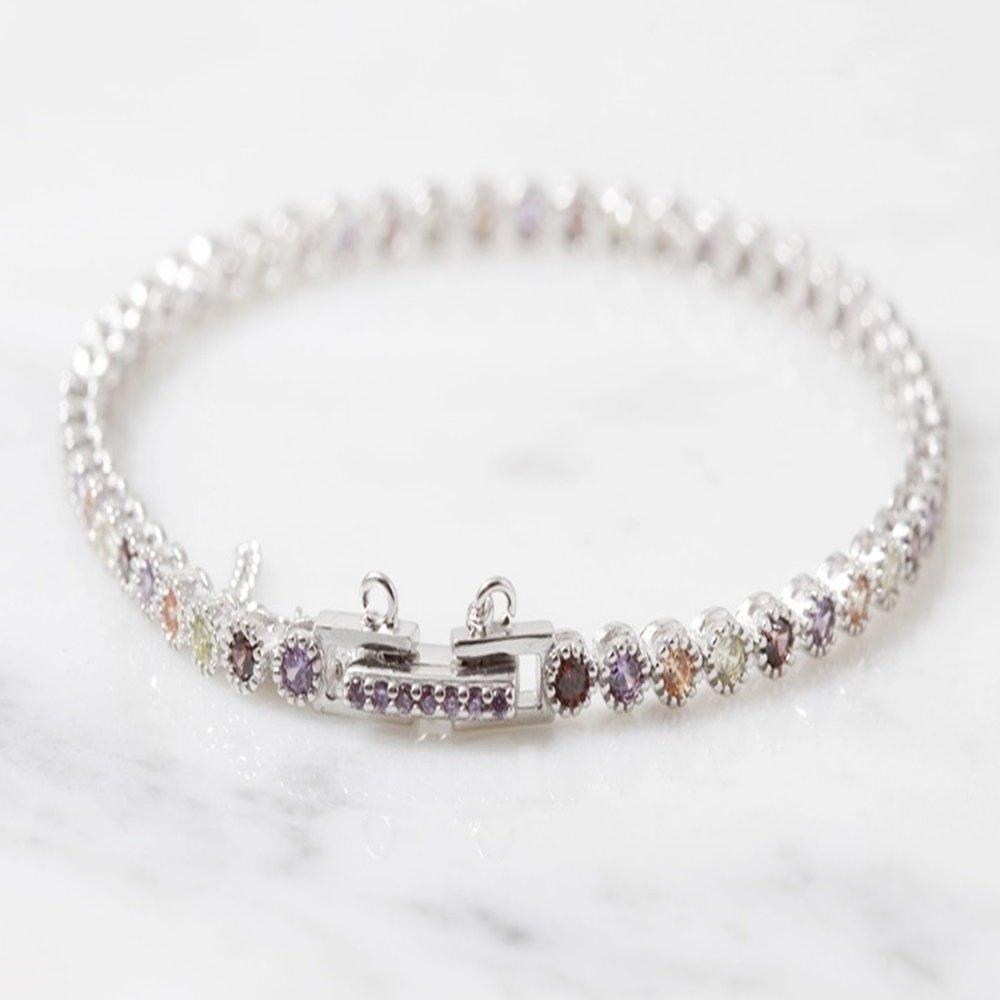 Flower Dot Tennis Cubic Silver Bracelet Multicolor 925 Silver Rainbow Men's and Women's Daily Sterling Silver Couple