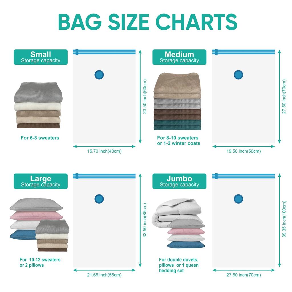 6 Pack Vacuum Storage Bags with Hand Pump Space Saver Vacuum Seal Storage Bags for Clothing Bedding Travel Lugggage Organizer