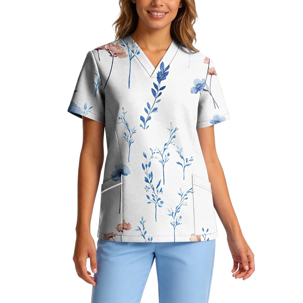 Bluză medicală de damă elastică, cu uscare rapidă, gât în V, mânecă scurtă, cu buzunare, imprimeu floral, uniformă