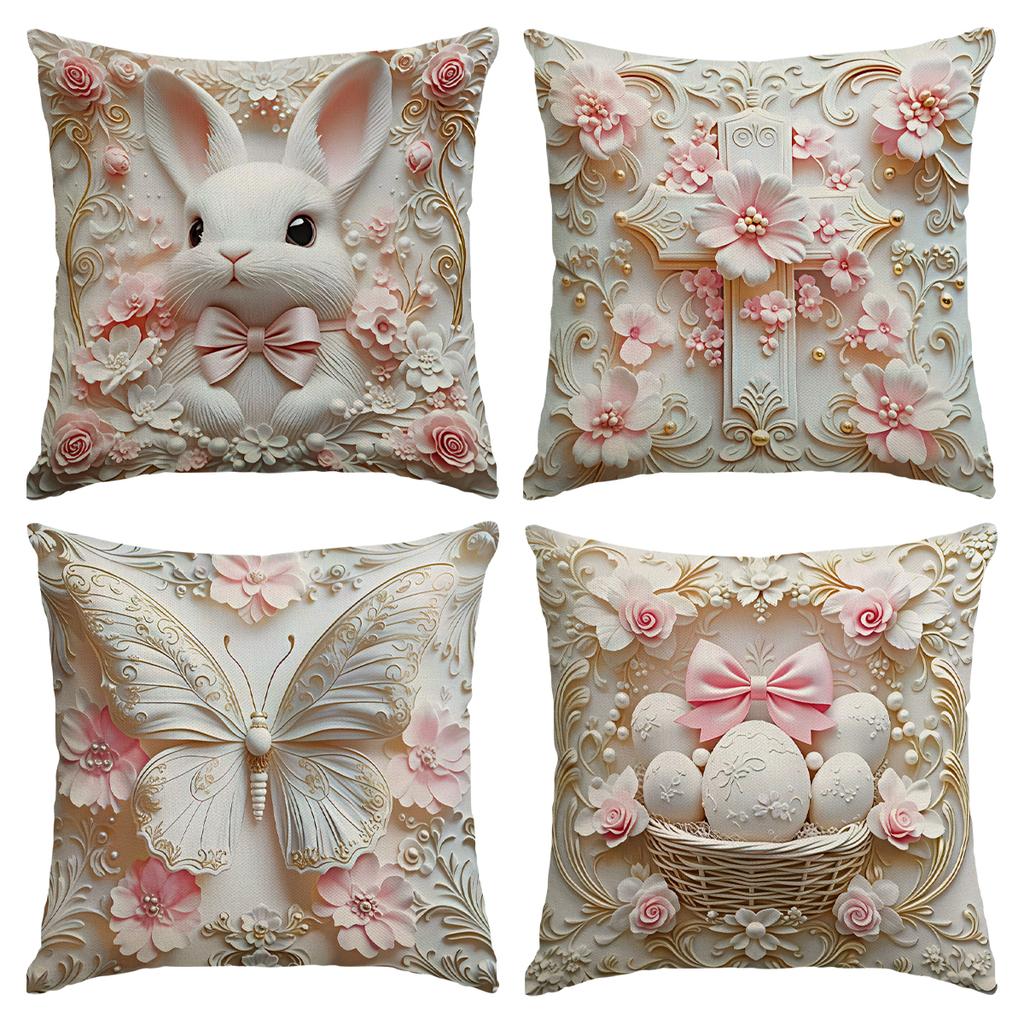 4Pcs Spring Easter Pillowcase, Cute Rabbit, Easter Egg Plant Flower Print Pillowcase, Easter Party Decoration Sofa Cushion Cover