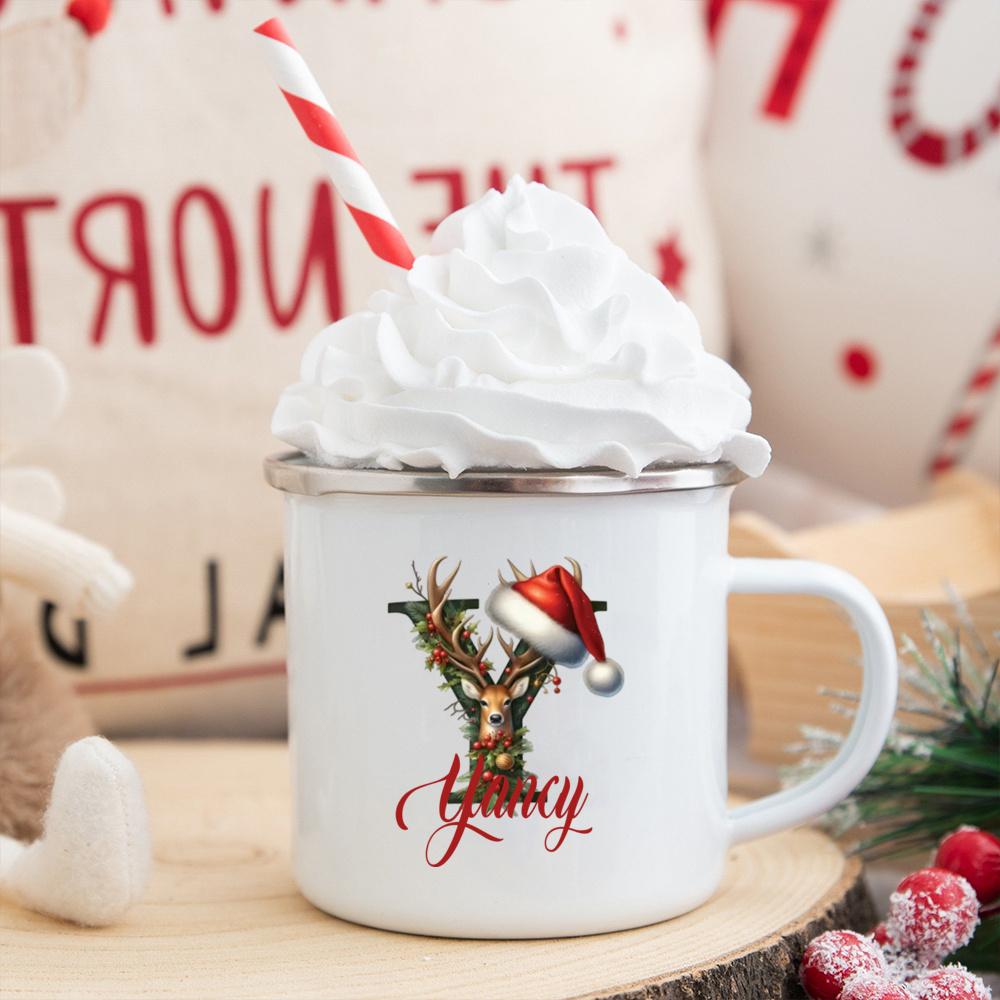 Personalisierte Tasse mit individuellem Namen 26 Buchstaben Emaille Weihnachtsbecher, Geschenk für sie, Weihnachts-Kaffeetasse, Frohe Weihnachten Geschenk