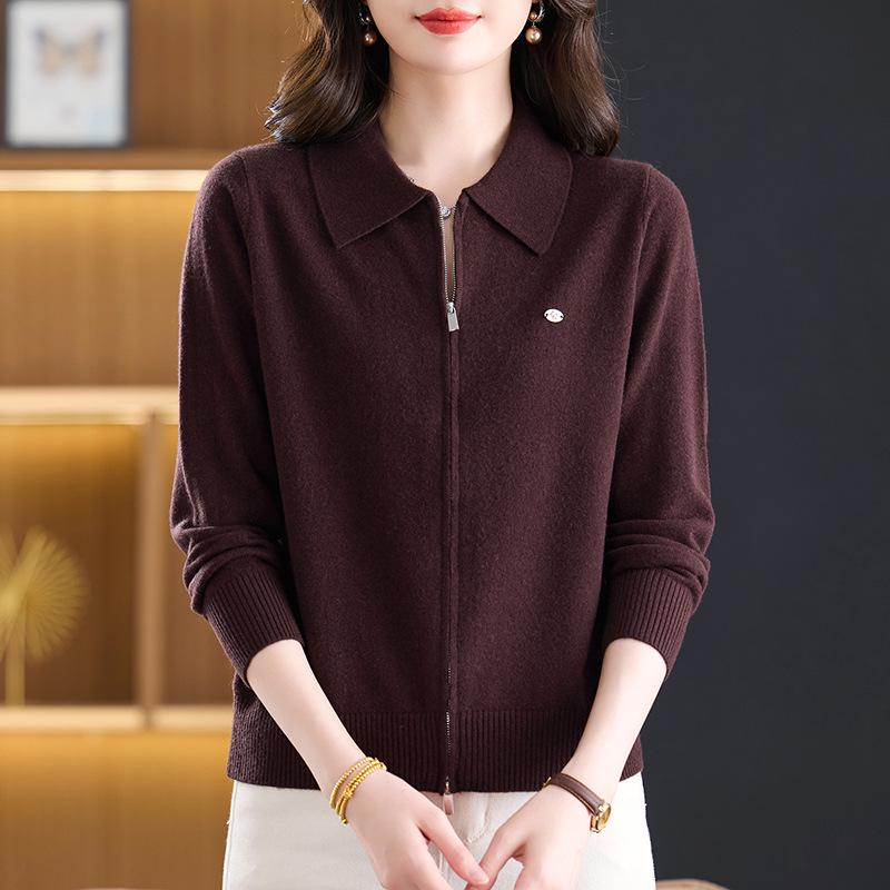 Women's Double Zipper Lapel Knit Cardigan - Spring Loose Fit Age-Reducing Sweater Jacket